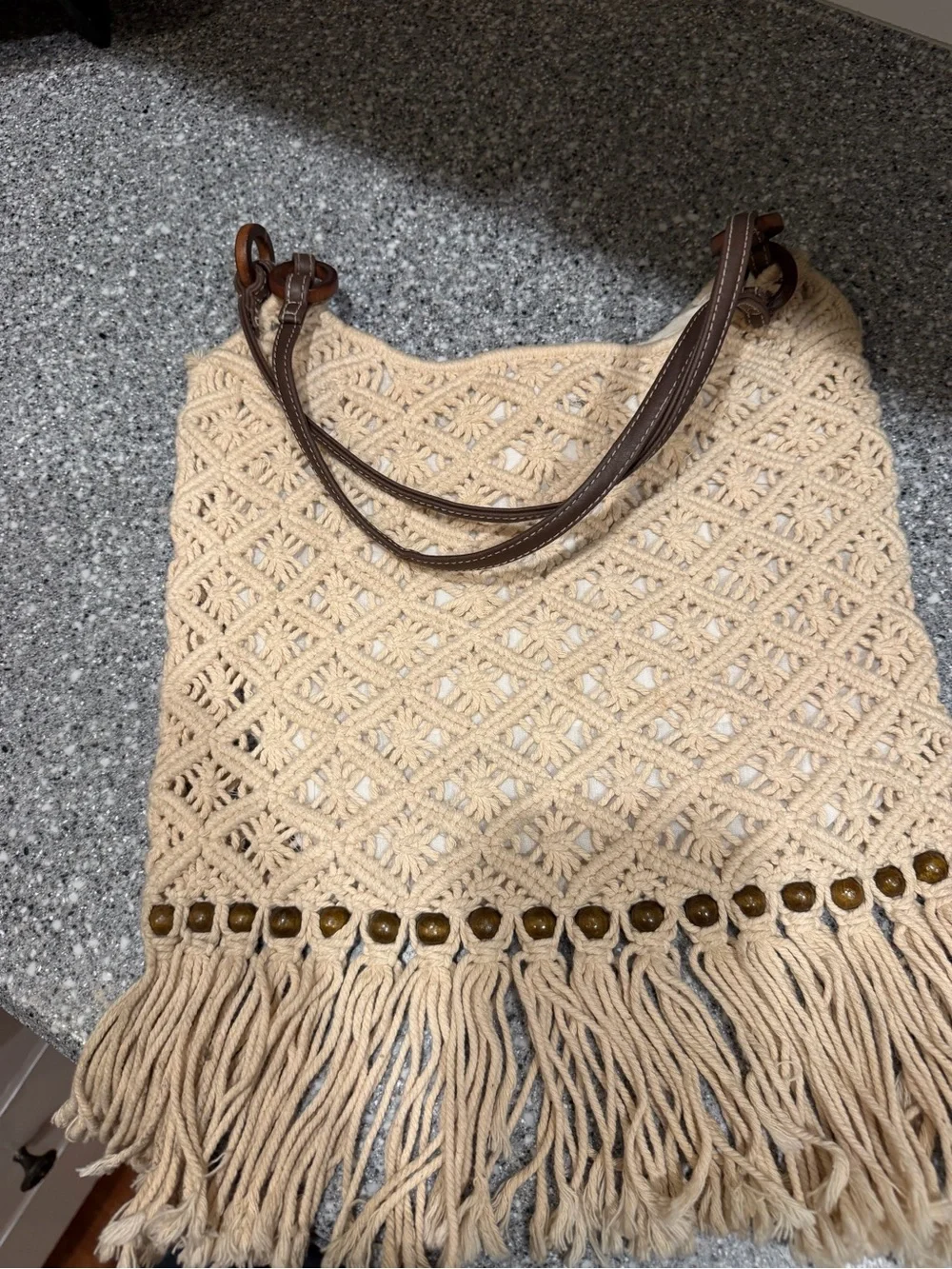 Woven Fringe Shoulder Bag in Cream with Brown Handles